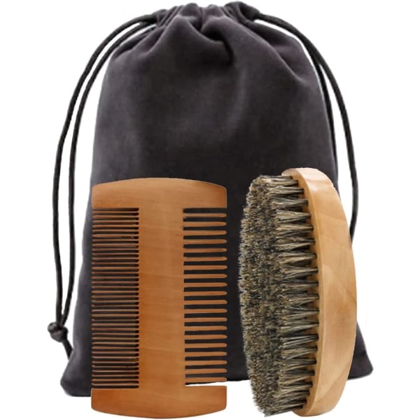 Sæt, skægbørste af træsvinebørste, lommekam, bærbar hårkam til kæmning af skæghår, fjernelse af snavs, massage af ansigt
