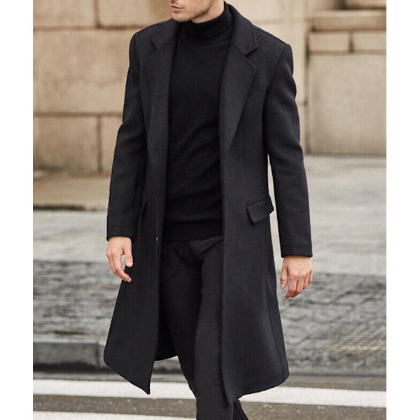 Høytidelig Herre Casual Smal Passform Ullfrakk Lang Jakke Hakkesøm Trenchcoat Black L