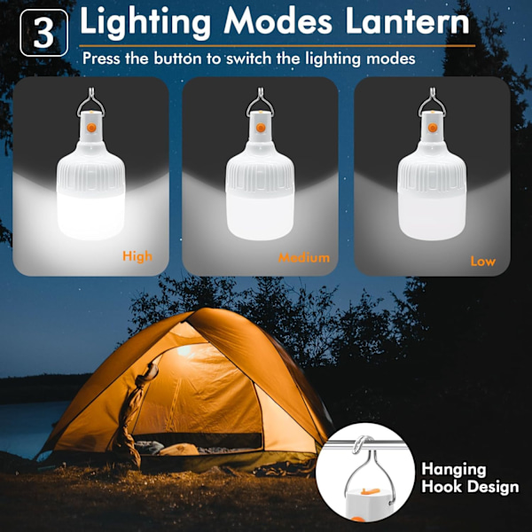 2 LED Campinglampor, USB Uppladdningsbar Campinglykta, Super Stark Tältlampa, Batteridriven Campinglampa, Portabel Utomhuslykta