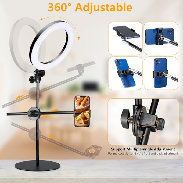 Selfie Ring Light med stativ og telefonholder, 10\" Overhead LED
