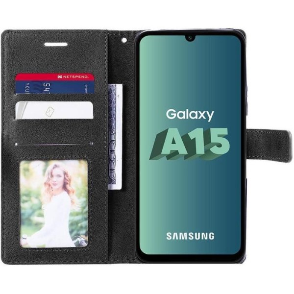 Case för Samsung Galaxy A15 5G-4G + 2 härdat glas, svart vikbar retrolädereffekt och TPU-interiör