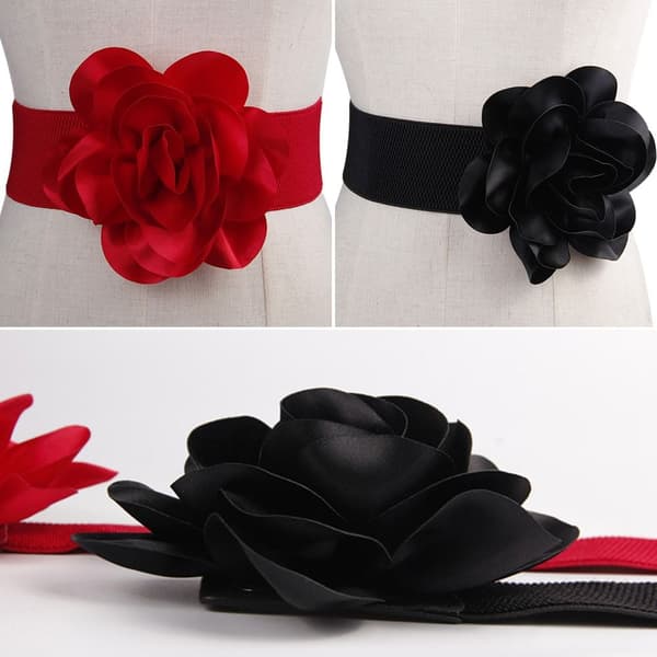 Bredt elastisk belte Store blomster Midjebånd SVART black