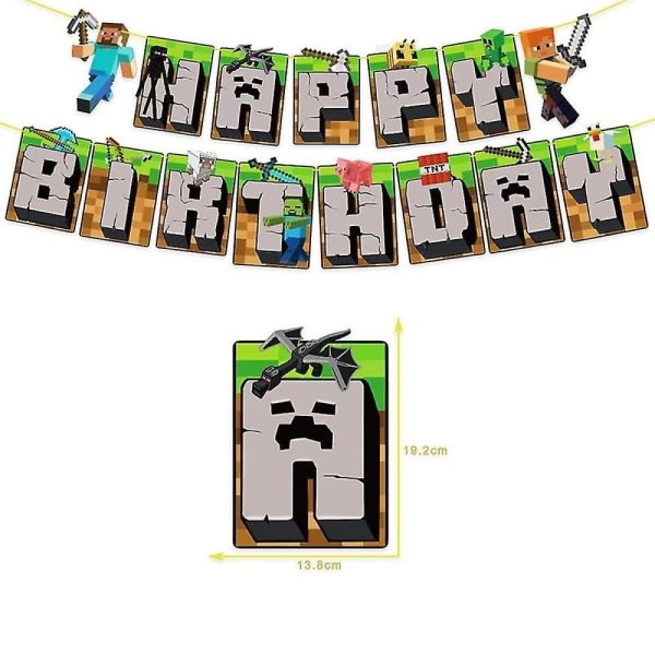 Minecraft-tema Grattis på födelsedagen Set Inredningstillbehör Banner Pull Flag Cake Toppers Kit null ingen