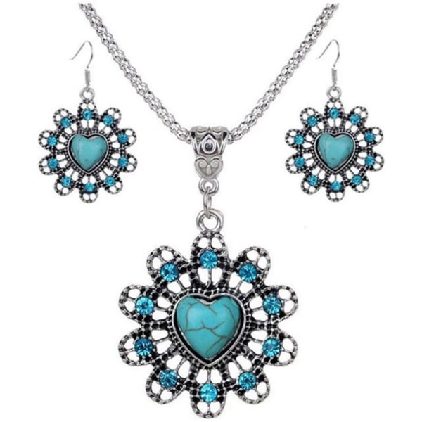 Retro hul krystall blomst hjerteformet imitasjon turkis halskjede øredobber smykkesett