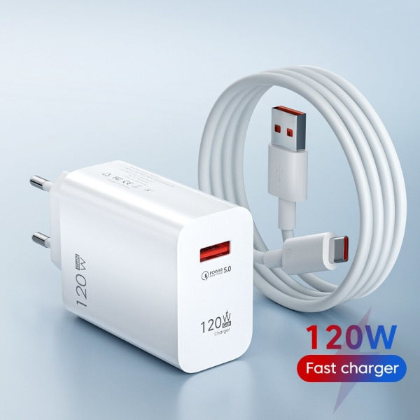 120W USB-lader Hurtig opladning QC3.0 USB-C kabel Type C kabel Mobiltelefonlader til Huawei Samsung Xiaomi Hurtig opladning EU-Hvid-10A