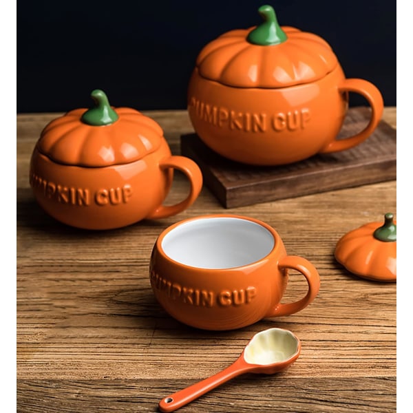 Teknisk søt gresskar-krus, keramisk kaffekrus, 8,5oz tekopp med lokk (krus + skje + silikonhånd (skrell og stikk)) oransje 250ml kopp og skje og hånd pumpkin