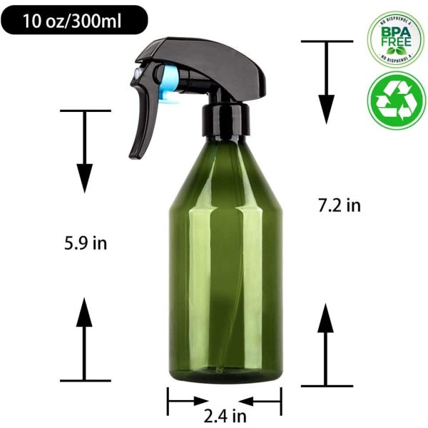300 ml tyhjä suihkepullo, 2 muovisen tyhjän pumppupullon pakkaus kasveille, hiuksille, siivoamiseen, puutarhanhoitoon - läpinäkyvä vihreä
