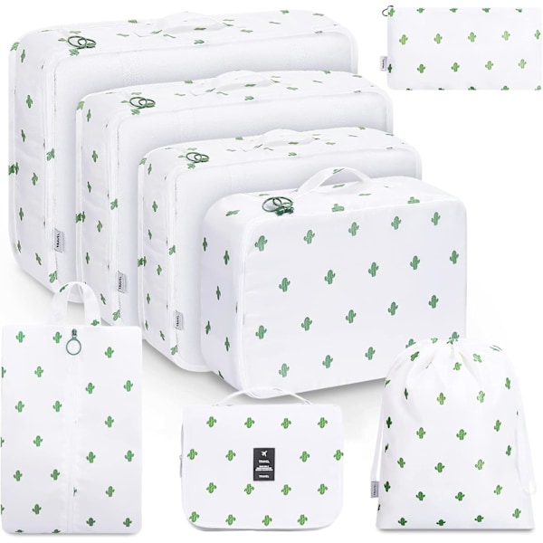 8-pack Packningskuber, Klädväskor, Resväskaorganisatör för semester och resor, Packningskubeset Resekuber - Vit kaktus White2