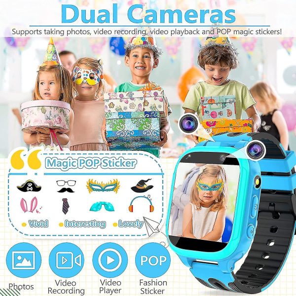 Børne smarture til piger Drenge, børns smartwatch med opkald 14 spil Dobbelt kameraer Alarm Musikafspiller Flashlig