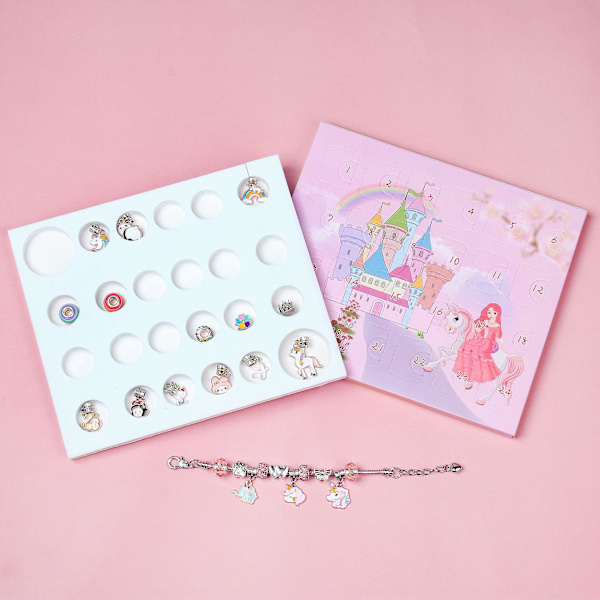 Julekalender med jule-diy-enhjørning-charms-armbånd - nedtælling til jul - unikt charms-smykke-sæt til børn og piger