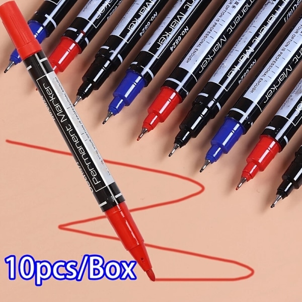 Permanent Markering Pen 0.8/2mm Spids Dobbelt Hoved Vandtæt Sort Blå Rød Pen Til Student Papir Stål CD Glas Klud Farve Kontor Skoleartikler Ed