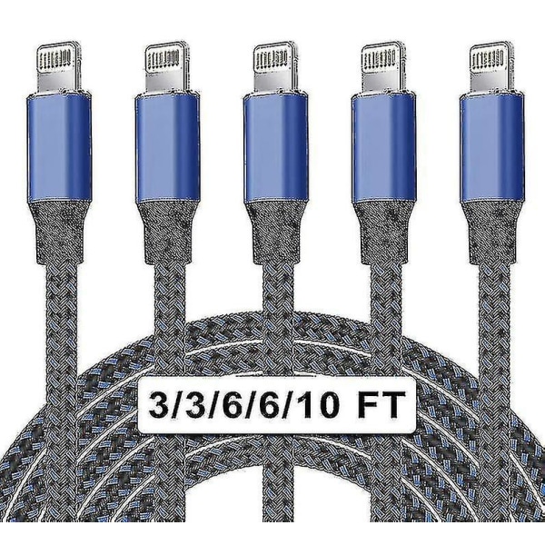 5-pak nylonflettet iPhone-lader lynkabel hurtiglading