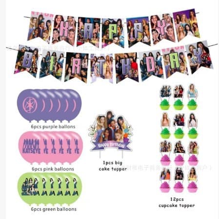 KATSEYE jentegruppe bursdagsfest dekorasjonssett, vimpel kake topper ballonger temasett Pull Flag