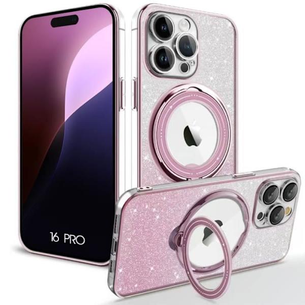 iPhone 16 Pro -kotelo - Kimaltava suoja pyörivällä magneettirenkaalla - Vaaleanpunainen
