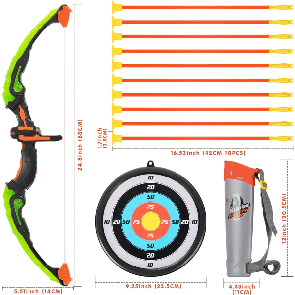 Børnebue, bueskydningssæt med 10 sugekop-pile, mål og pilekogger, interaktive indendørs spil til drenge på 6, 7, 8, 9, 10, 11, 12 og 13 år