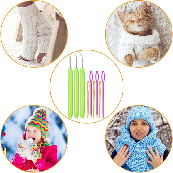9 stycken stickningsnål krok med gummigrepp och Bi