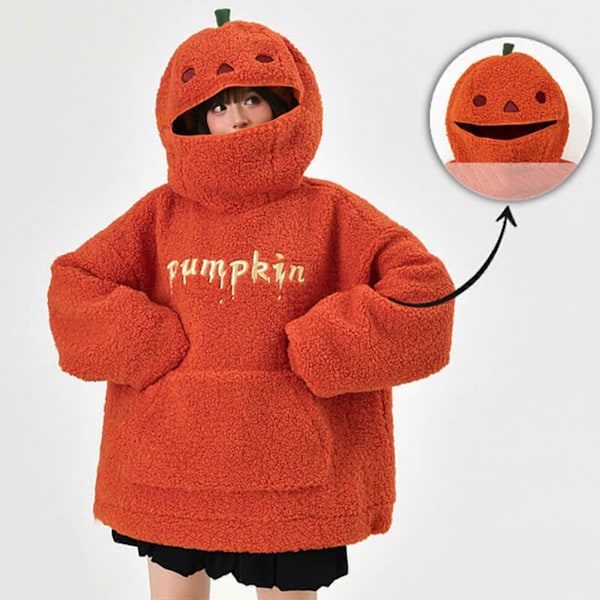 Hettegenser for kvinner, lang ermet, dobbeltsidig fleece, Halloween-gresskar-antrekk, løs komfort M
