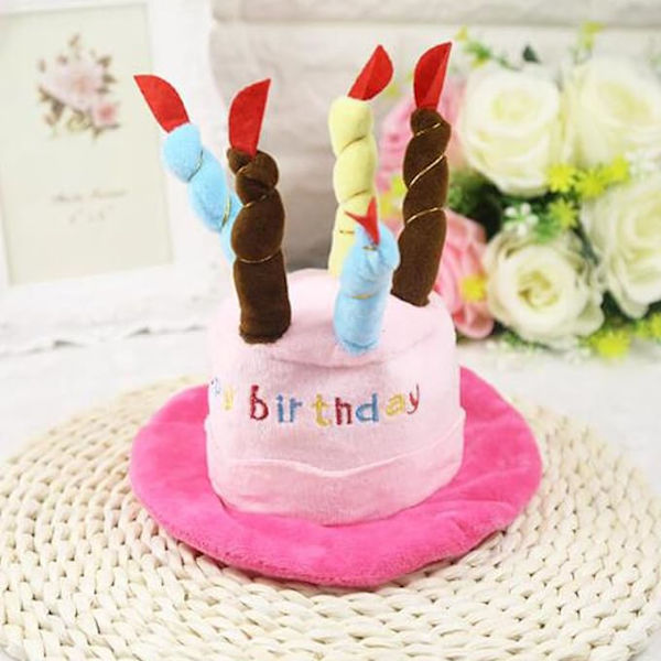 Hundebursdaghatt med kake- og lysdesign, festkostymetilbehør, hodeplagg (én størrelse passer de fleste)