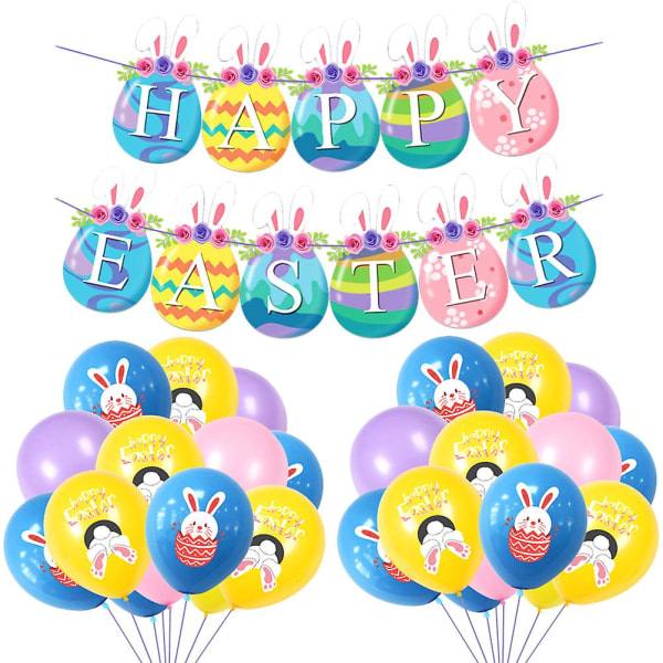 Sæt glad påske bannere kanin påskeæg latex balloner (pink blå lilla) (20x12x0,01 cm, blå)
