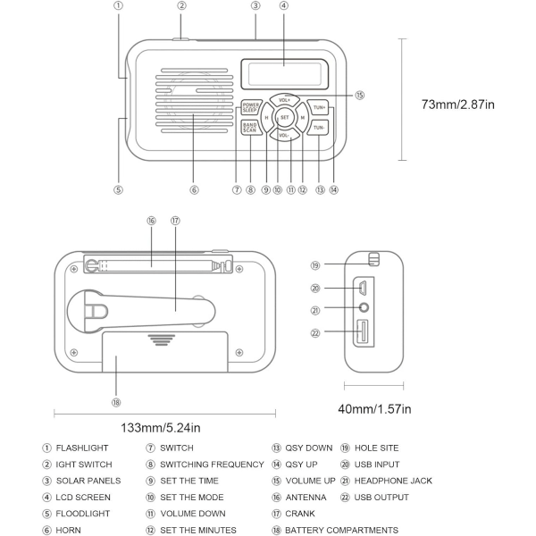 Monitoiminen hätäradio, AM/FM/WB säähälytys aurinkokäyttöiset käsikäyttöiset radion, 2000mAh virtapankki