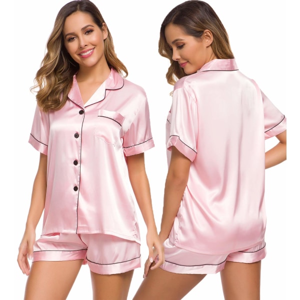 Dames Satin Pyjamas, Korte Dames Pyjamas med Knapper, V-udskæring Pink XL