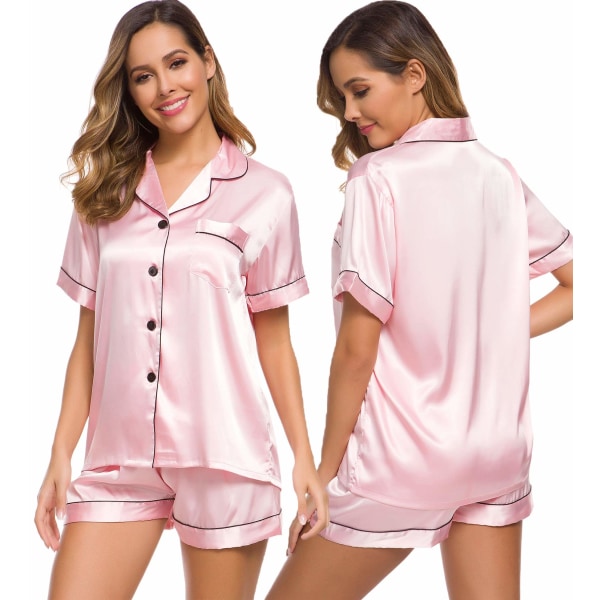 Satinpyjamas for damer, kort pyjamas for damer med knapp, V-hals Pink XL