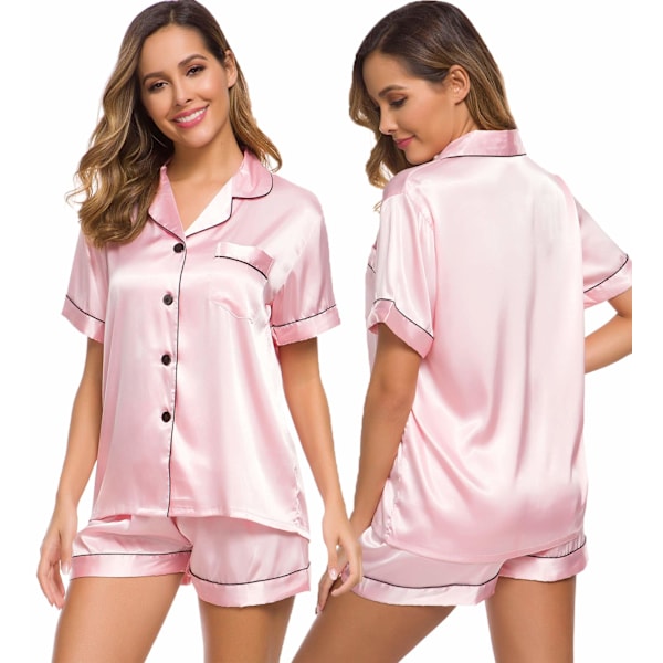 Satinpysjamas for damer, korte pysjamas med knapp, V-hals Pink XL