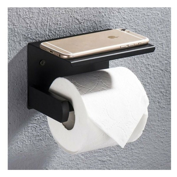 Toiletpapirholder, vægmonteret toiletpapirholder, med opbevaringsholder til mobiltelefon (sort)