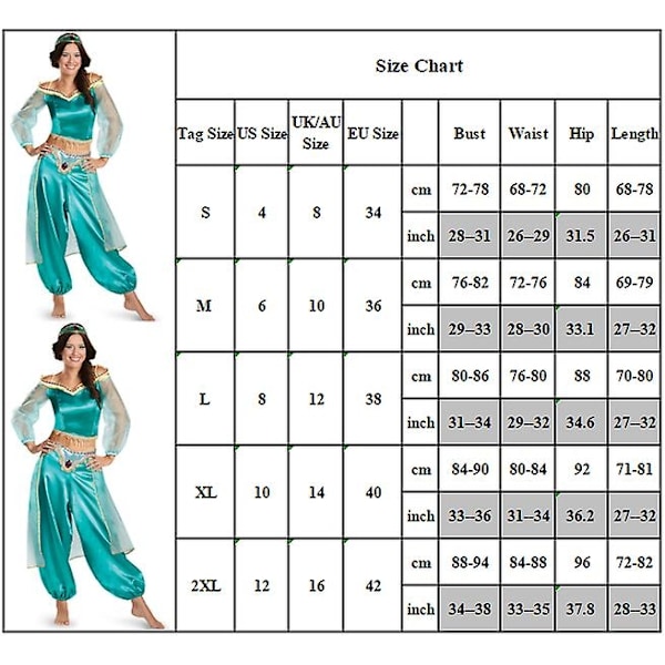 Naisten Halloween Aladdin Jasmine Prinsessan Fantasiapuku Karnevaali Cosplay Puku Sininen Vihreä Blue Green S