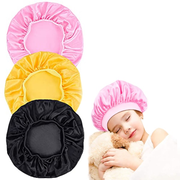 Satinhatt för barn, justerbar sovmössa för barn, återanvändbar & tvättbar hårmössa, perfekt för smink och studier (3-pack)_xx