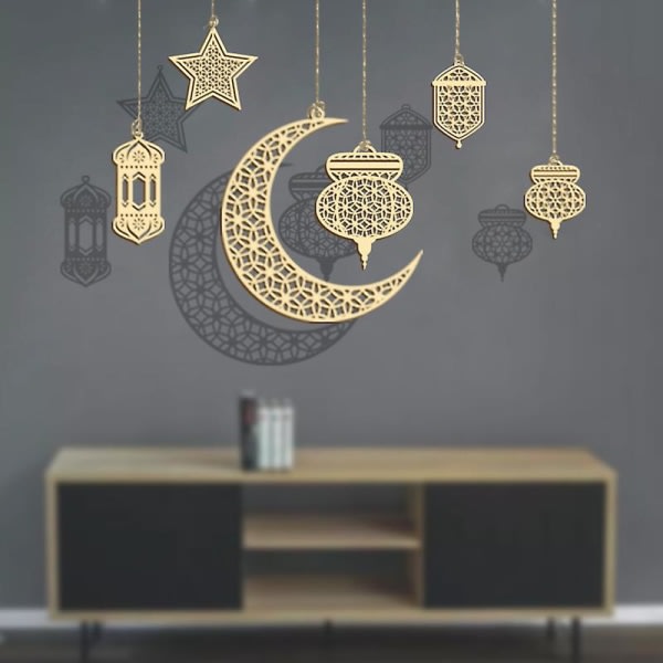 6 st Ramadan trähänge prydnad mån stjärna lykta form dekoration för Ramadan Eid dekorationer