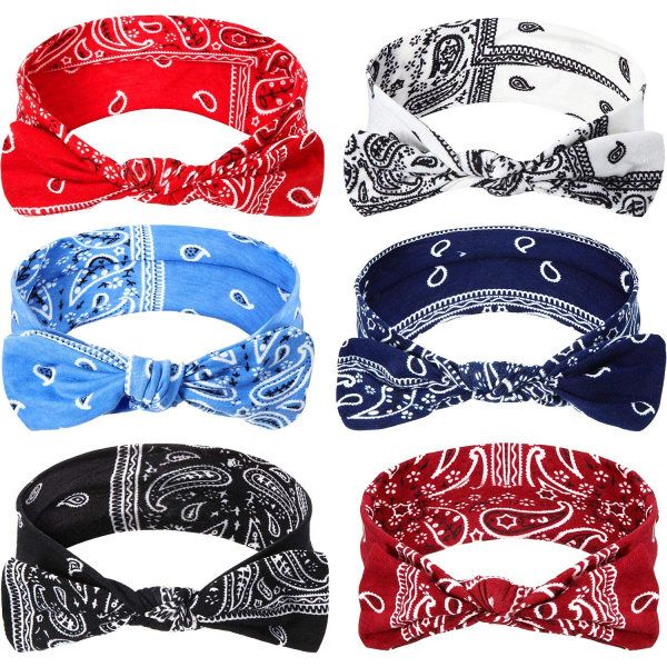 6 stk Paisley pannebånd Boho sløyfe bandana knute hodebånd Retro blomstertrykk elastisk kaninøre hårbånd for jenter og kvinner（Paisley stil 2）