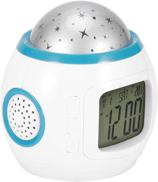 Stjärnhimmelsprojektor, LED-musikväckarklocka, multifunktionell temperaturdisplay, larmkalender, nedräkningstimer för barn, present