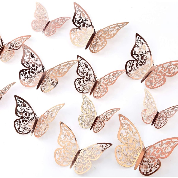 24 stk 3D sommerfuglveggklistremerker 3 størrelser sommerfuglveggdekorasjoner Romveggdekorasjon for bryllupsdekorasjoner på soverommet (rosegull)
