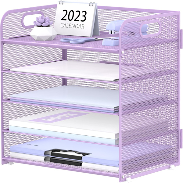 5 Skuffer Papirorganisator med Håndtak - Mesh Skrivebord Fil/Brevorganisator, Svart Papir Sorterer for Kontor, Hjem eller Skole (Lilla) Purple