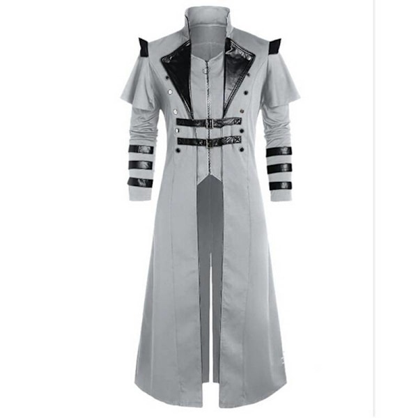 Vintage Halloween Middelalder Steampunk Assassin Elver Pirat Kostume Voksen Mænd Sort Lang Slids Jakke Gotisk Rustning Læderfrakker Grå Grey XL