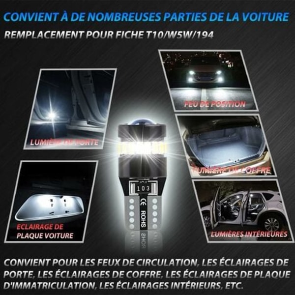 T10 W5W LED Pærer 12V-24V 6000K Hvit for Bil Posisjonslys