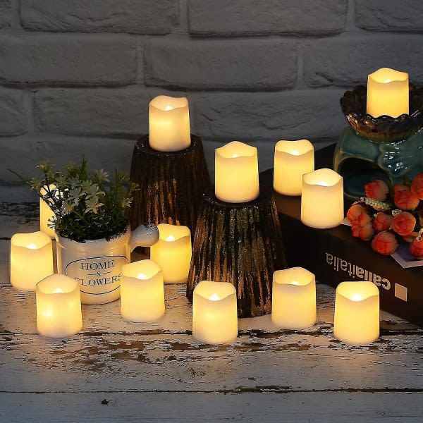 24 pakke flammeløse votivlys, flammefri flimrende elektriske falske stearinlys, batteridrevne led fyrfadslys i varm hvid