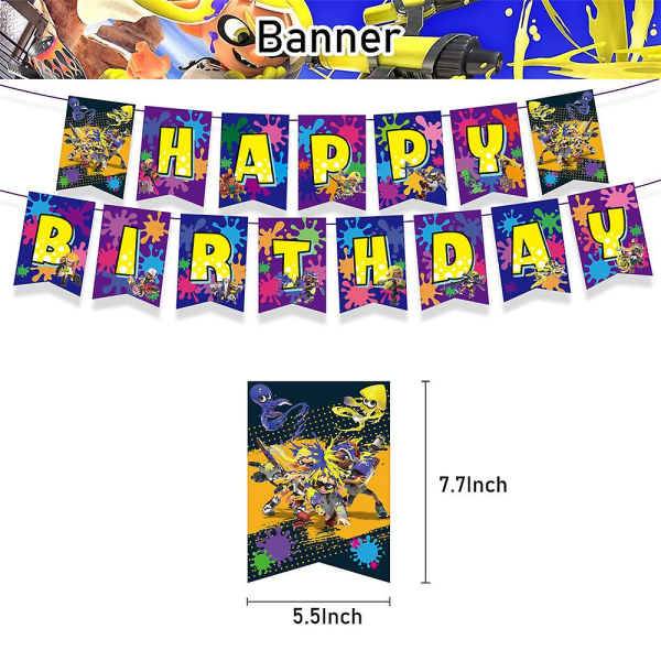 Splatoon 3 Spilletema Festartikler Banner Kage Topper Balloner Dekorationssæt
