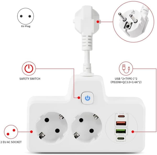 EU-plugg strømskinne vegguttak PD QC3.0 lader multi-uttak USB-ladehub med brytere hvit høy kvalitet