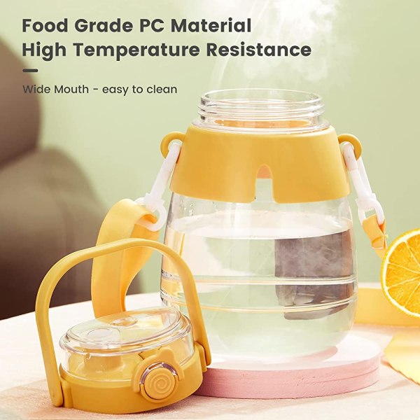 44 oz vattenflaskor med sugrör, Kawaii Kids vattenflaska med handtag och axelrem, BPA-fri läckagesäker （Gul）