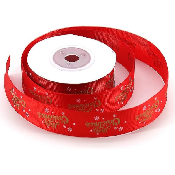 Merry Christmas Ribbon - Red Craft Ribbon med "merry christmas" og snøfnuggdesign, 9,1 m langt og 2 cm bredt