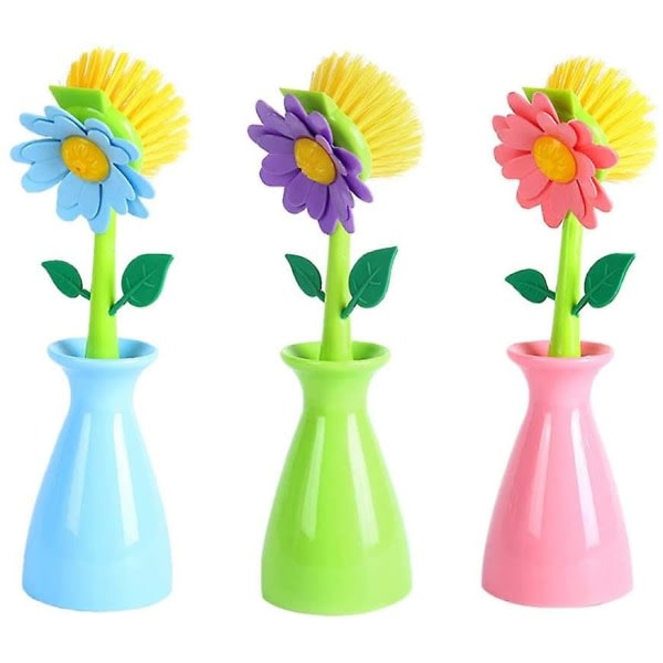 3 stk kjøkkenskrubbebørste Søt blomsterform med lange håndtak Oppvaskskrubbe Rengjør for skrubbesett