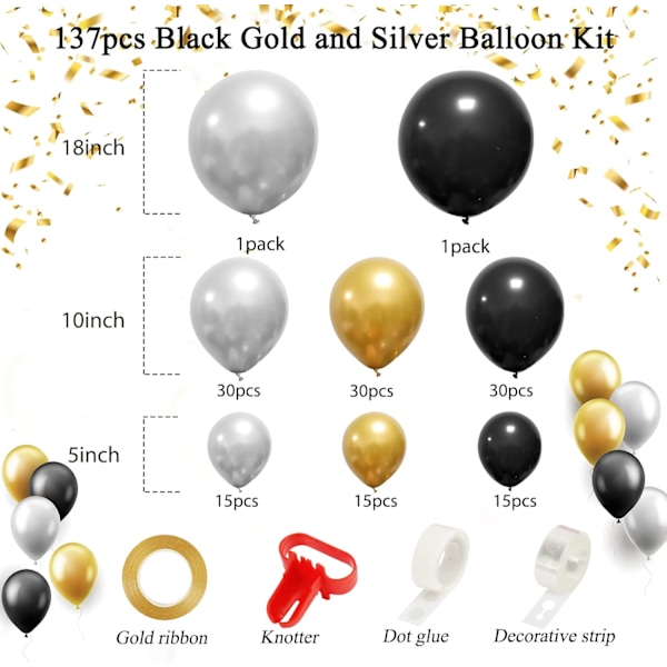 137 st Svart, Guld och Silver Ballongbåge Kit, Metalliska Guld Krom Silver Ballonger för Födelsedags- och Nyårsfestdekorationer