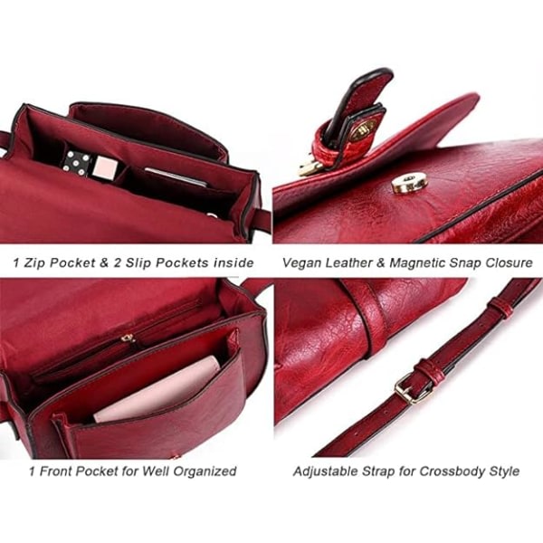 Crossbody taske til kvinder Lille taske og skuldertaske Vintage sadeltasker Vegansk læder (rød)
