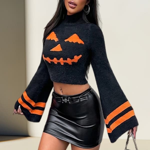 Dame Mørk Græskar Farveblok Cropped Turtleneck Sweater Efterår Vinter Mode Trendy Strikket Top black M