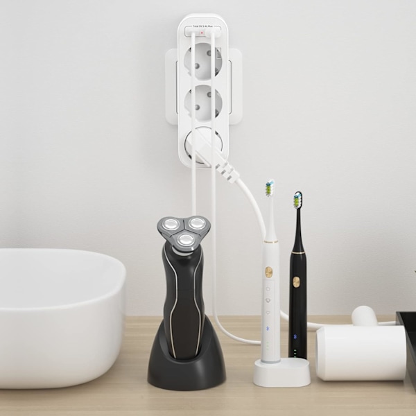 Strømadapter med 2 USB-ladere, trippel stikkontakt, vegglader, flere stikkontakter, hvit