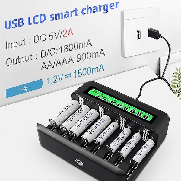 Universell LCD-batteriladdare - 8 fack Aa /aaa /c /d batteriladdare för uppladdningsbara batterier med 2a USB-port, typ C-ingång, snabb Aa /aaa batteriladdare