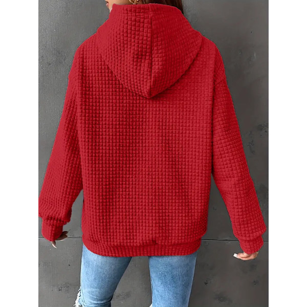 Waffle Grid Hoodie med Känguruficka - Mysig Långärmad Tröja med Snodd för Kvinnor