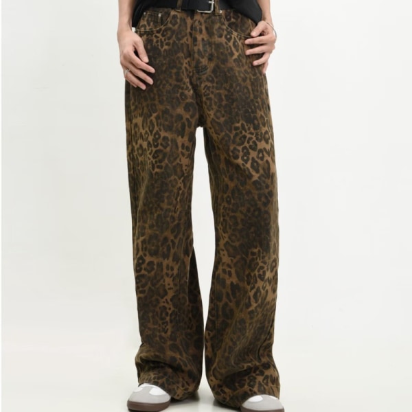 Tan Leopard Jeans Dame denimbukser Bukser med brede ben leopardprint leopard print L